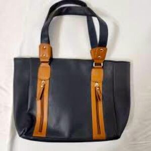 Ran and navy blue double zipper handbag